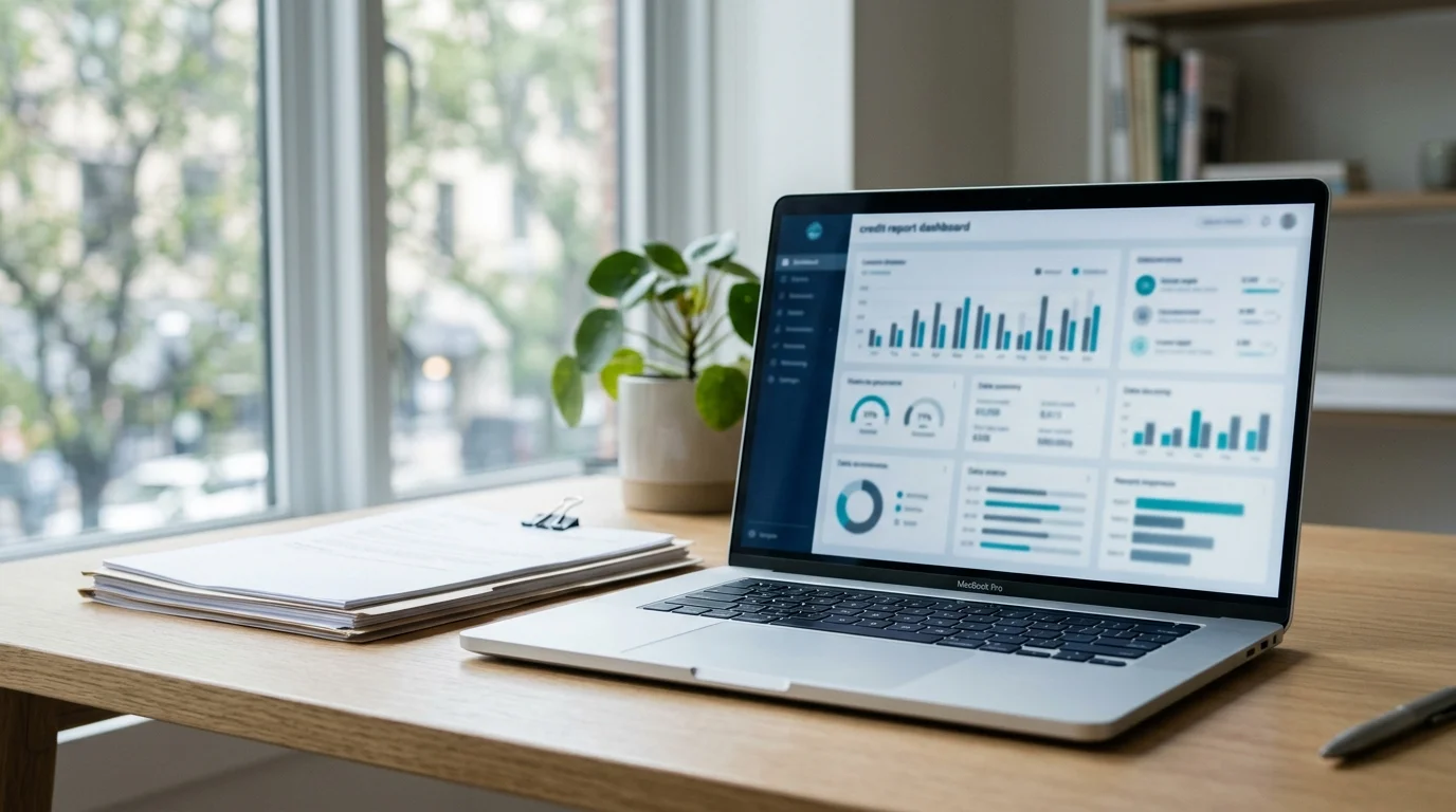 Laptop showing a generic credit report dashboard in an office setting
